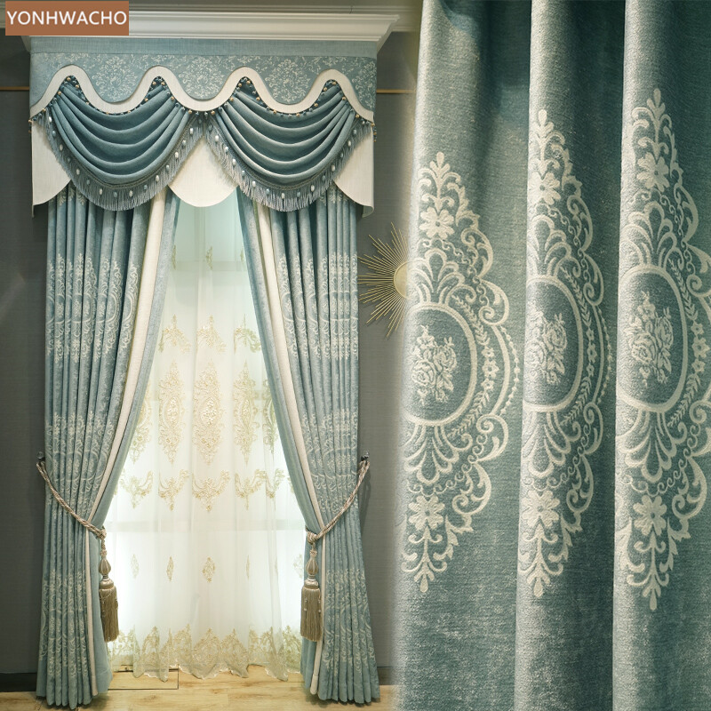 Chenille jacquard European luxury blue thick cloth curtain valance panel C108