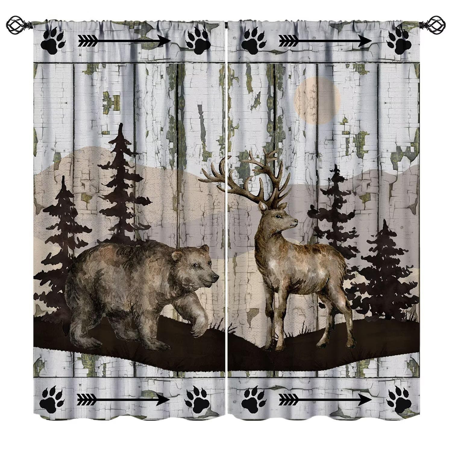 Wild Bear Deer Curtains, Rustic Cabin Country Farmhouse Wooden Barn Door Wild…
