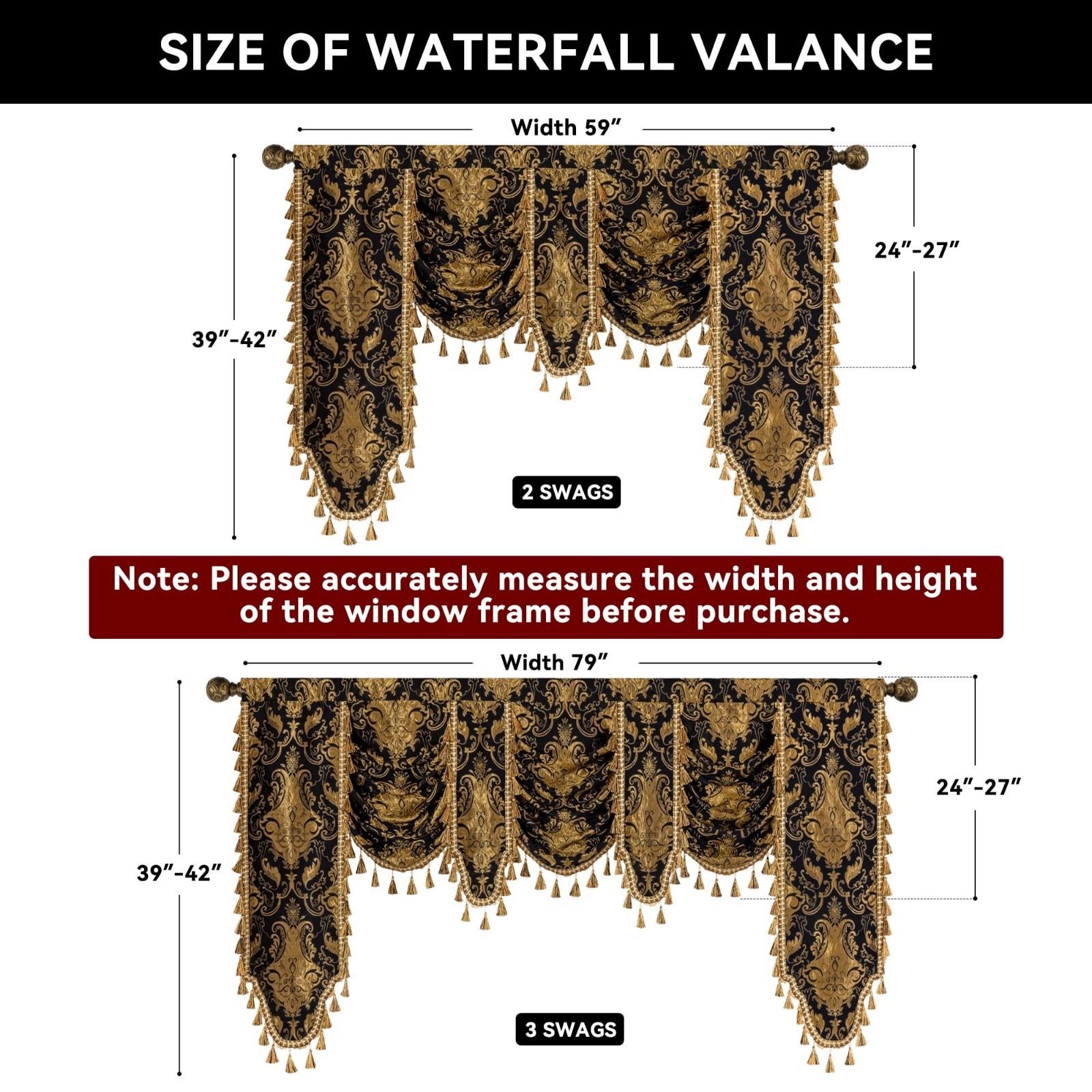 Luxury Damask Waterfall Valance Curtains, Black Gold, 59″ Wide, Elegant Home Dec