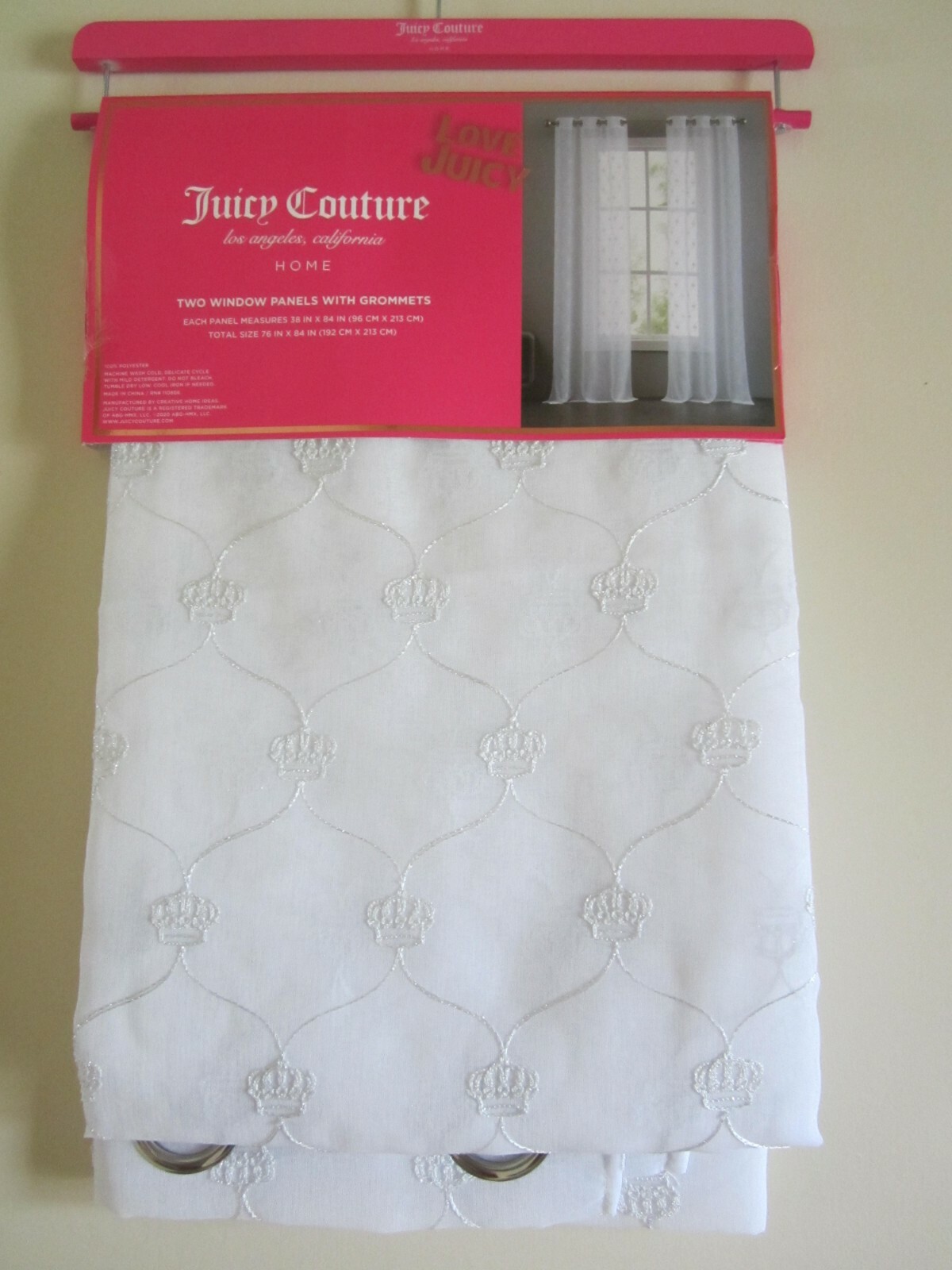 Juicy Couture Crown White or Pink 2 Window Panels With Grommets Sheer Curtain