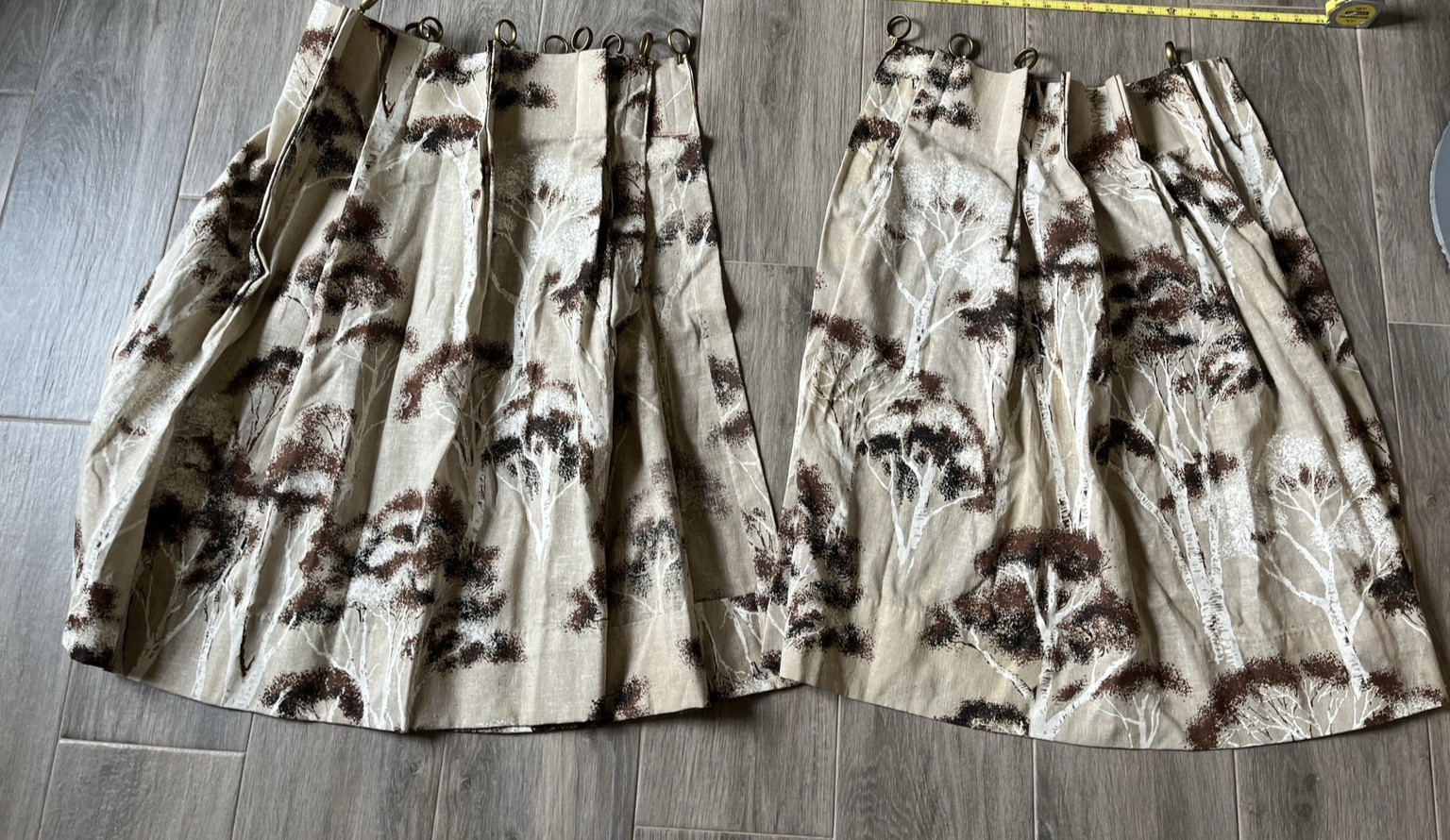 Vintage 1970s Tan Brown Trees Curtains Pinch Pleat 2 widths 19″ & 38″ – 30″ L