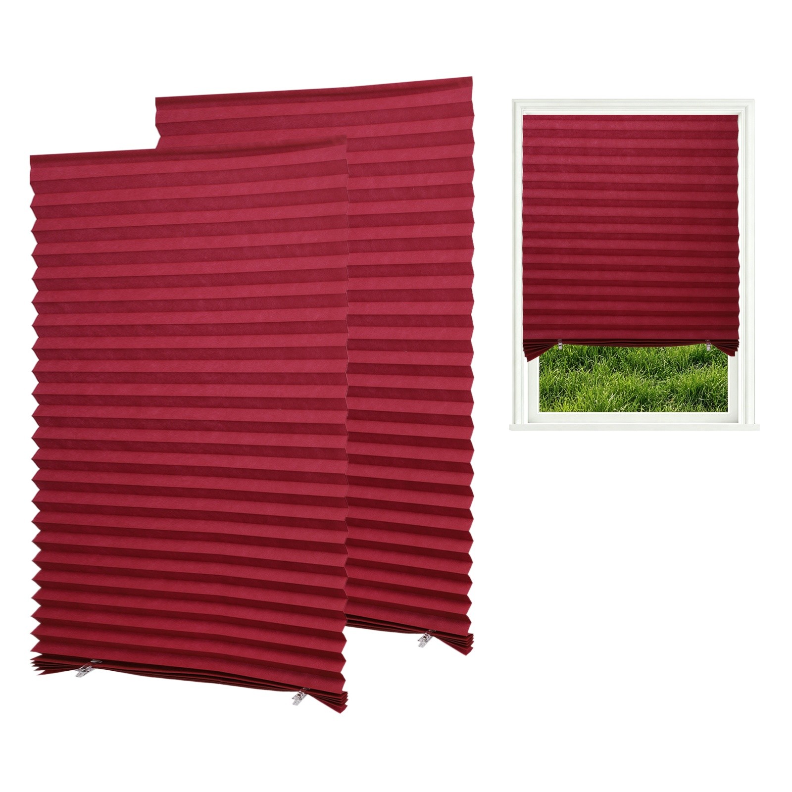 2 Pack 35 x 59 Inch Temporary Window Pleated Blinds with 4 Clips, Burgundy