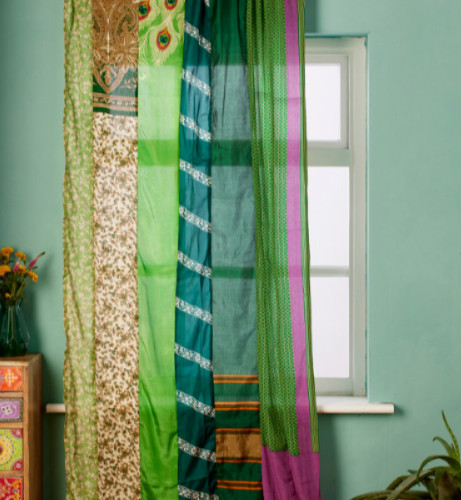 Silk Curtain Patchwork window curtain 2 pc set saree curtain