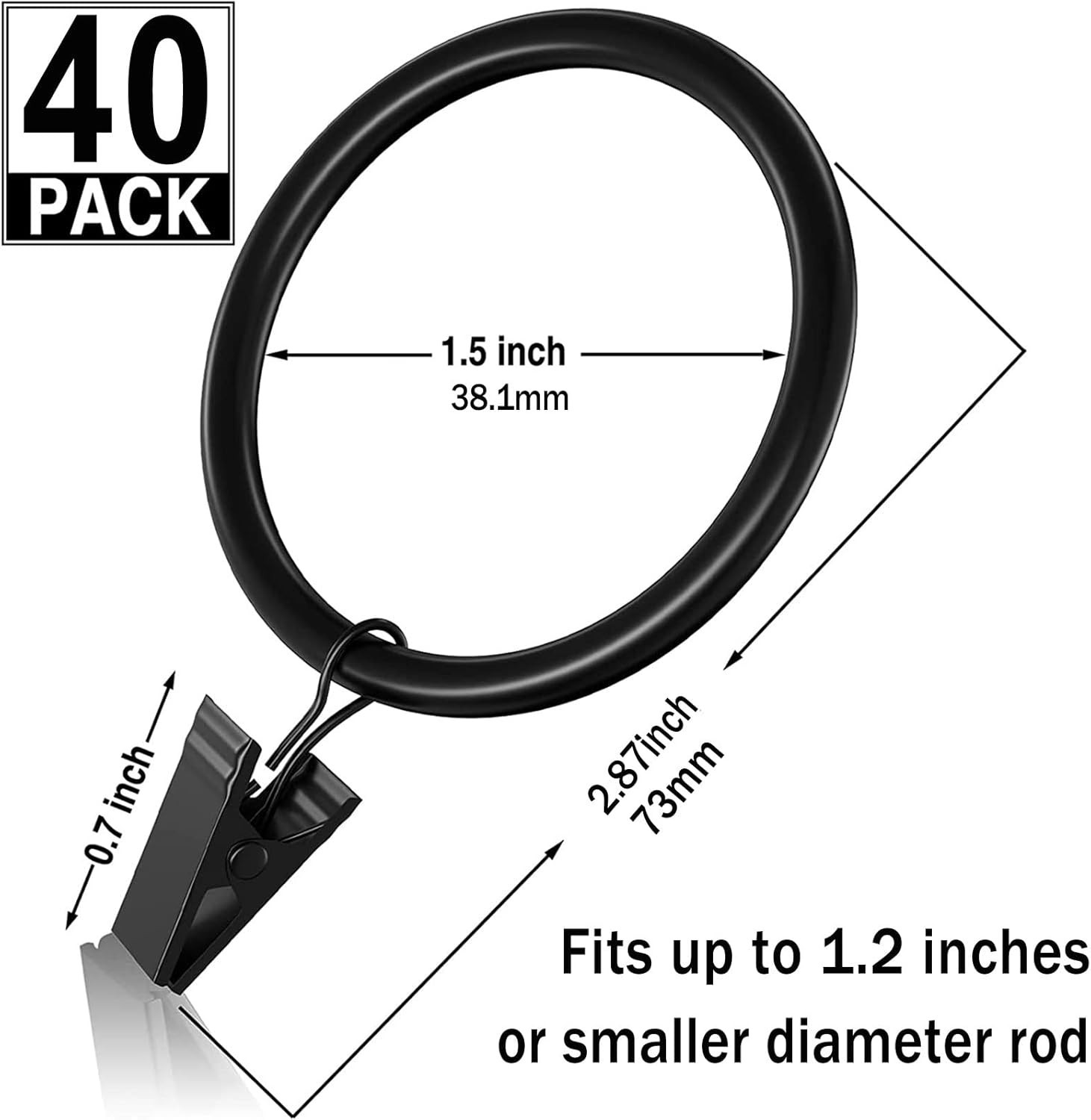 Versatile Rustproof Curtain Rings with Clips – 1.5 Inch Black Drapery Set of 44