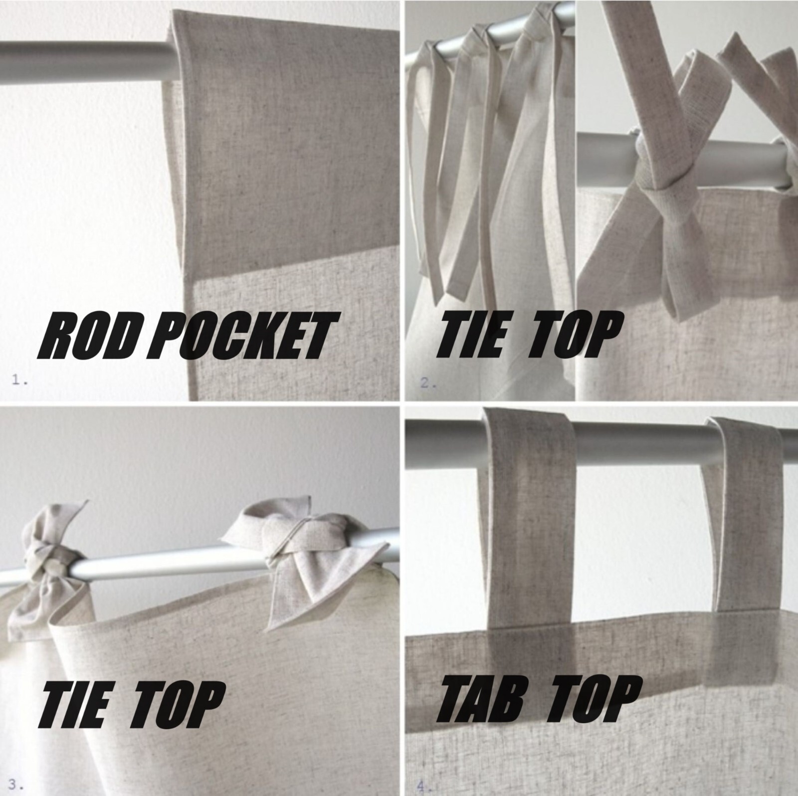 Tie top linen curtains with ties 55″ wide Window treatments panel White curtains