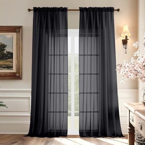 Voile Sheer Curtains – Transparent Light Weight 59″W x 96″L (Pack of 2) Black