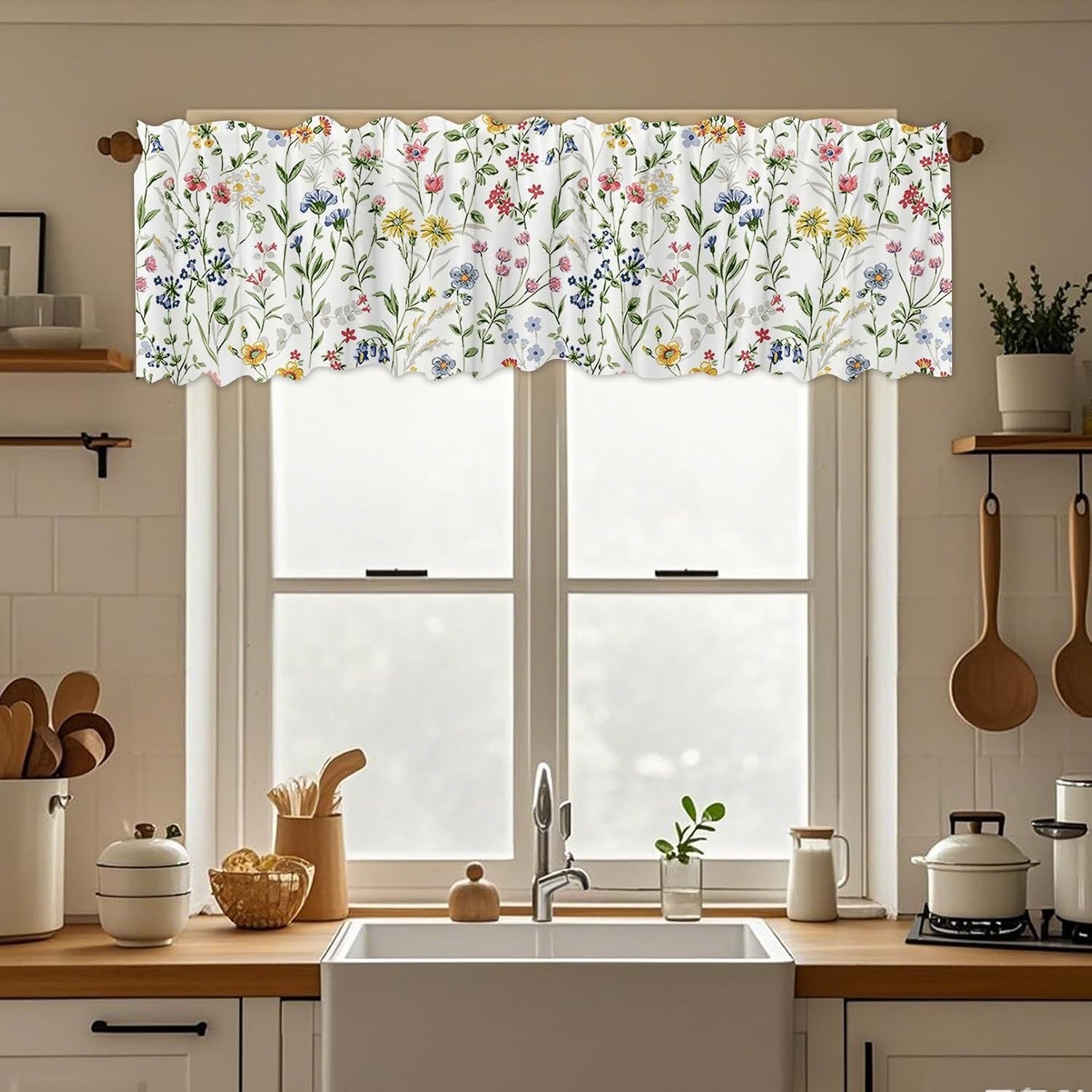 54×18 Inches Watercolor Floral Window Treatment Valance Farmhouse Wildflowers