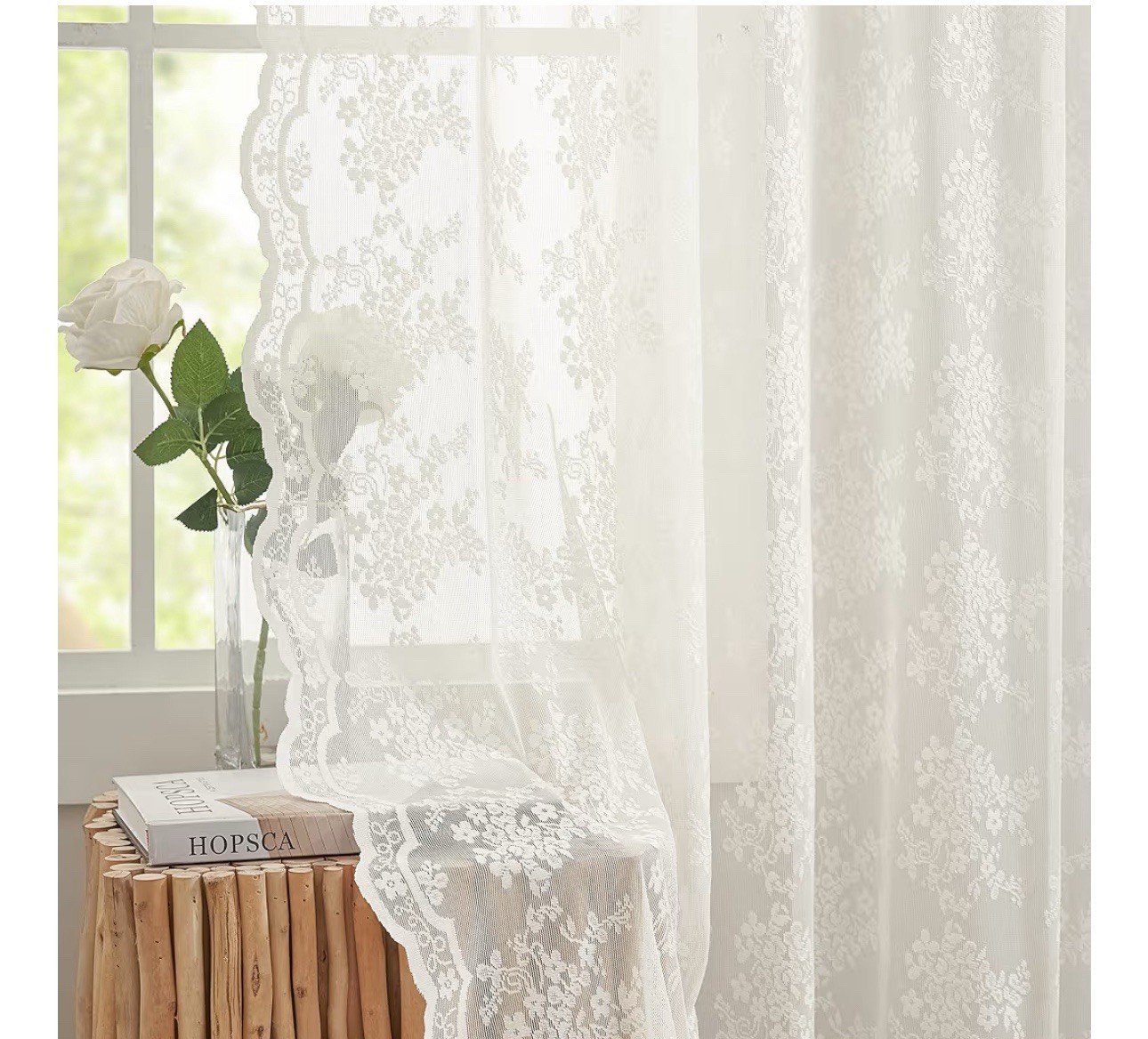 YJ YANJUN IVORY 52×63 lace curtains scalloped edges floral Translucent