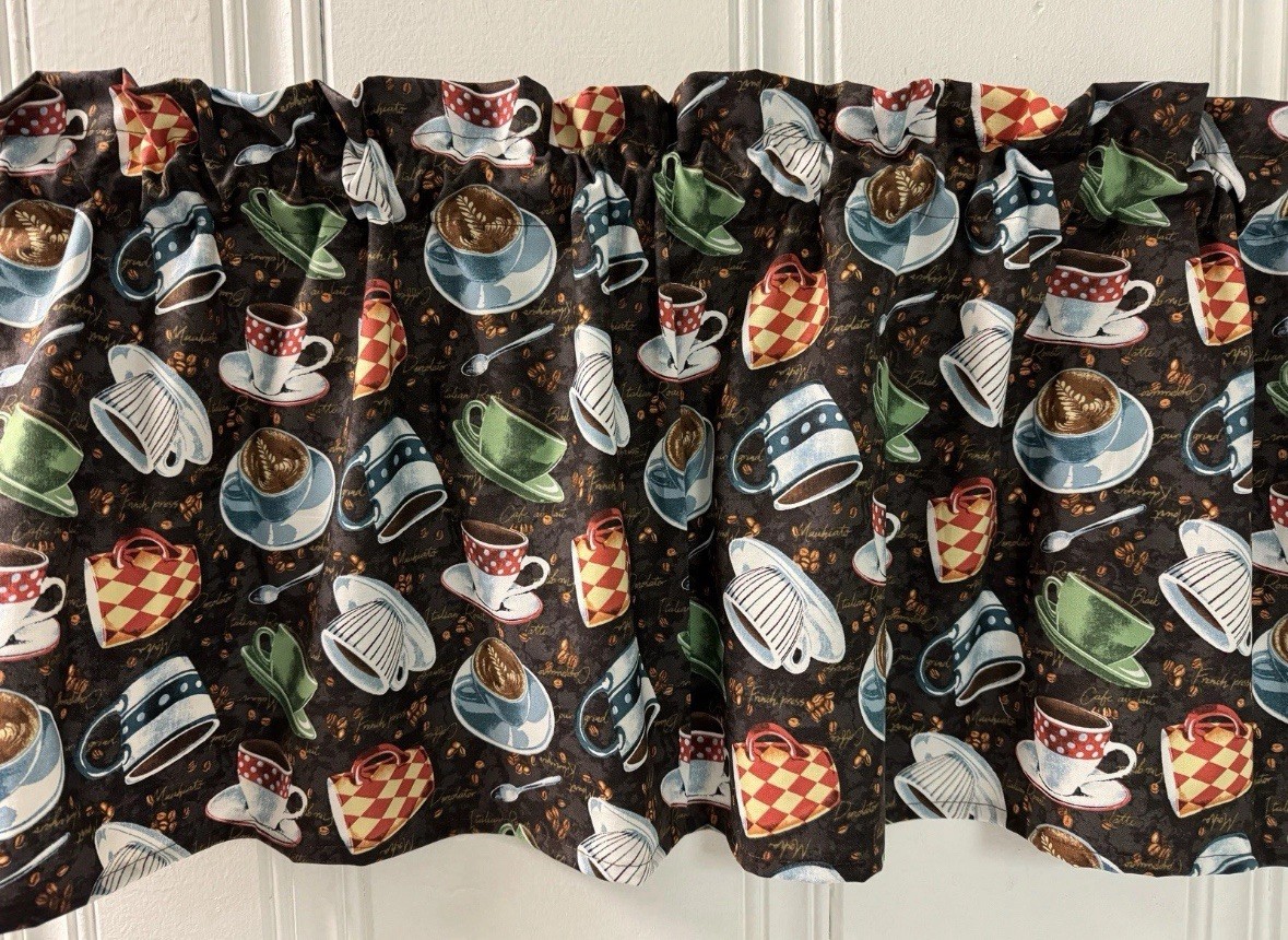 New Coffee Cups Latte Espresso Cappuccino Fabric Valance Curtain Made in USA