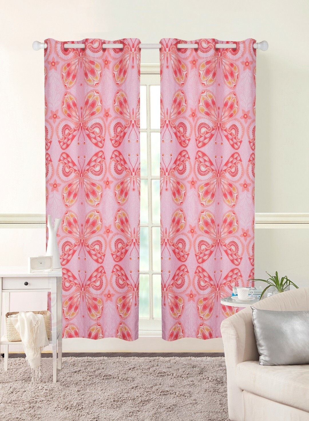 42″x63″ Coral Boho Butterfly Curtain Panel. Grommet Foamback, Mainstays Kids