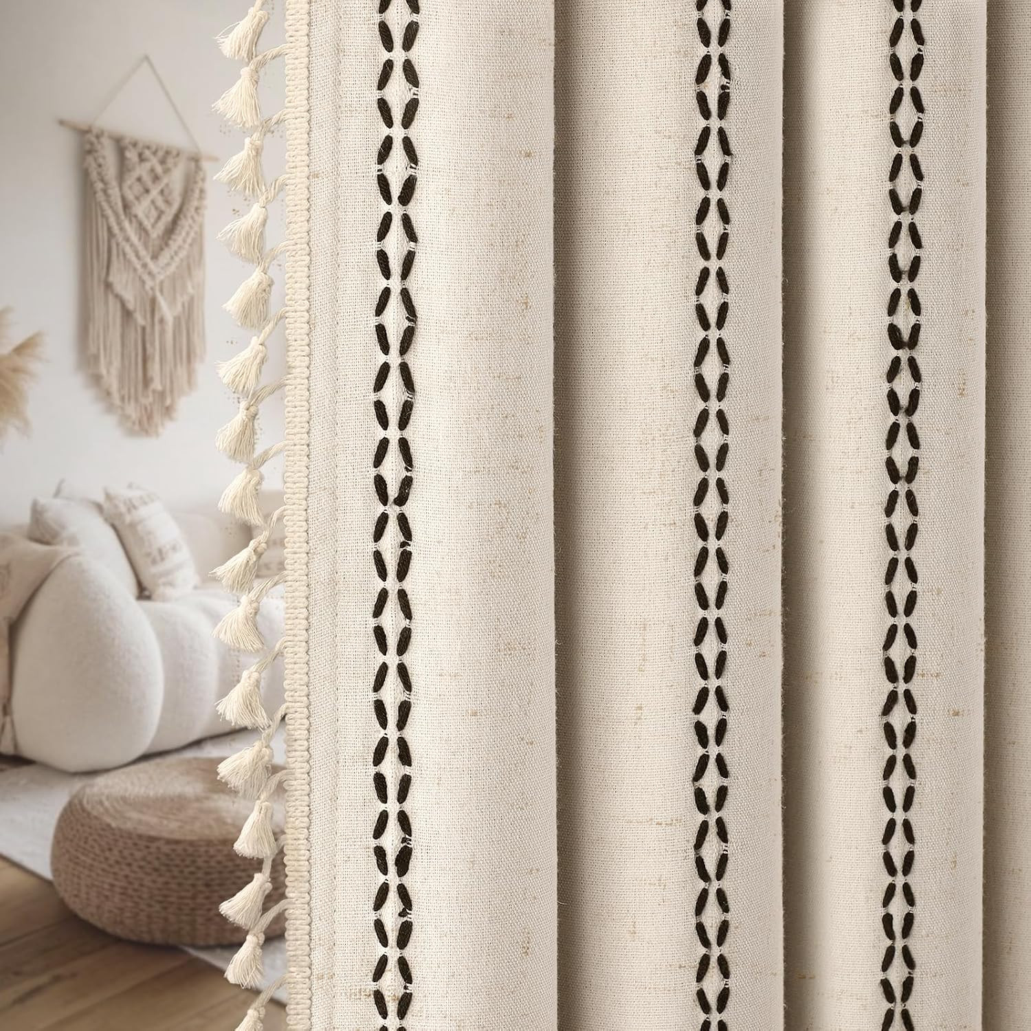 Beige Boho Blackout Curtains 2 Panels 84 Inch for Living Room Bedroom, Linen Tex