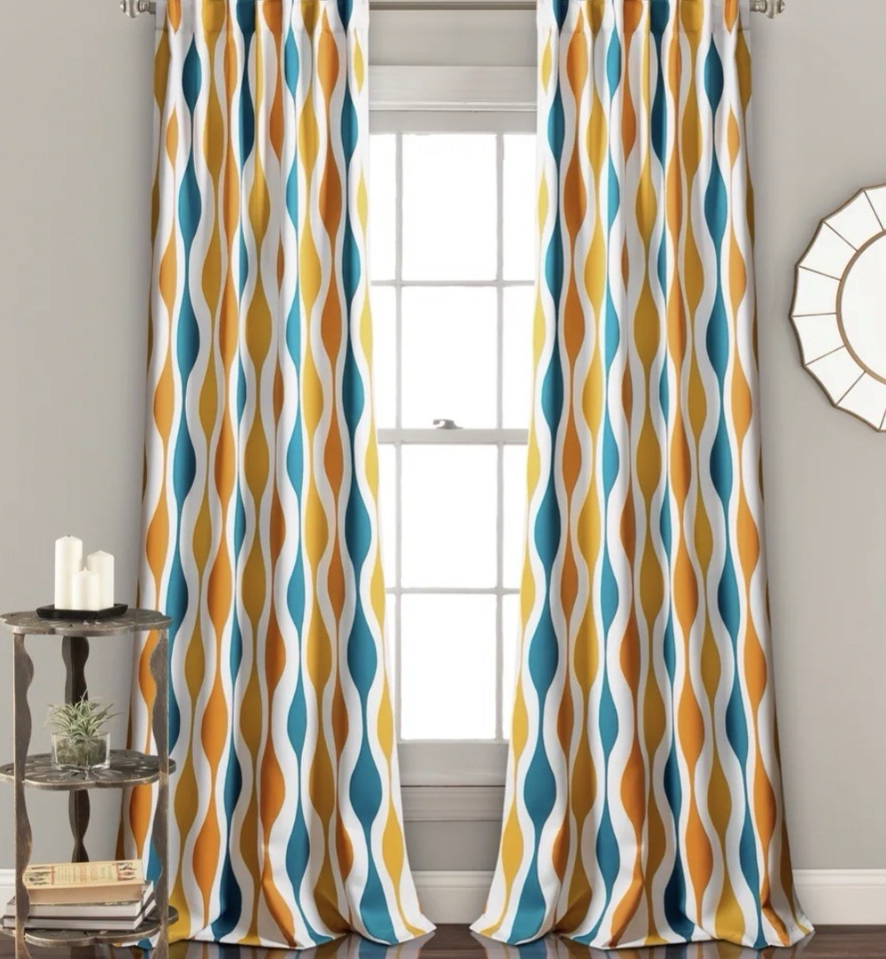 Lush Decor Mid Century Geo Light Filtering Curtain Panel Pair 52×95 Turq & Orng