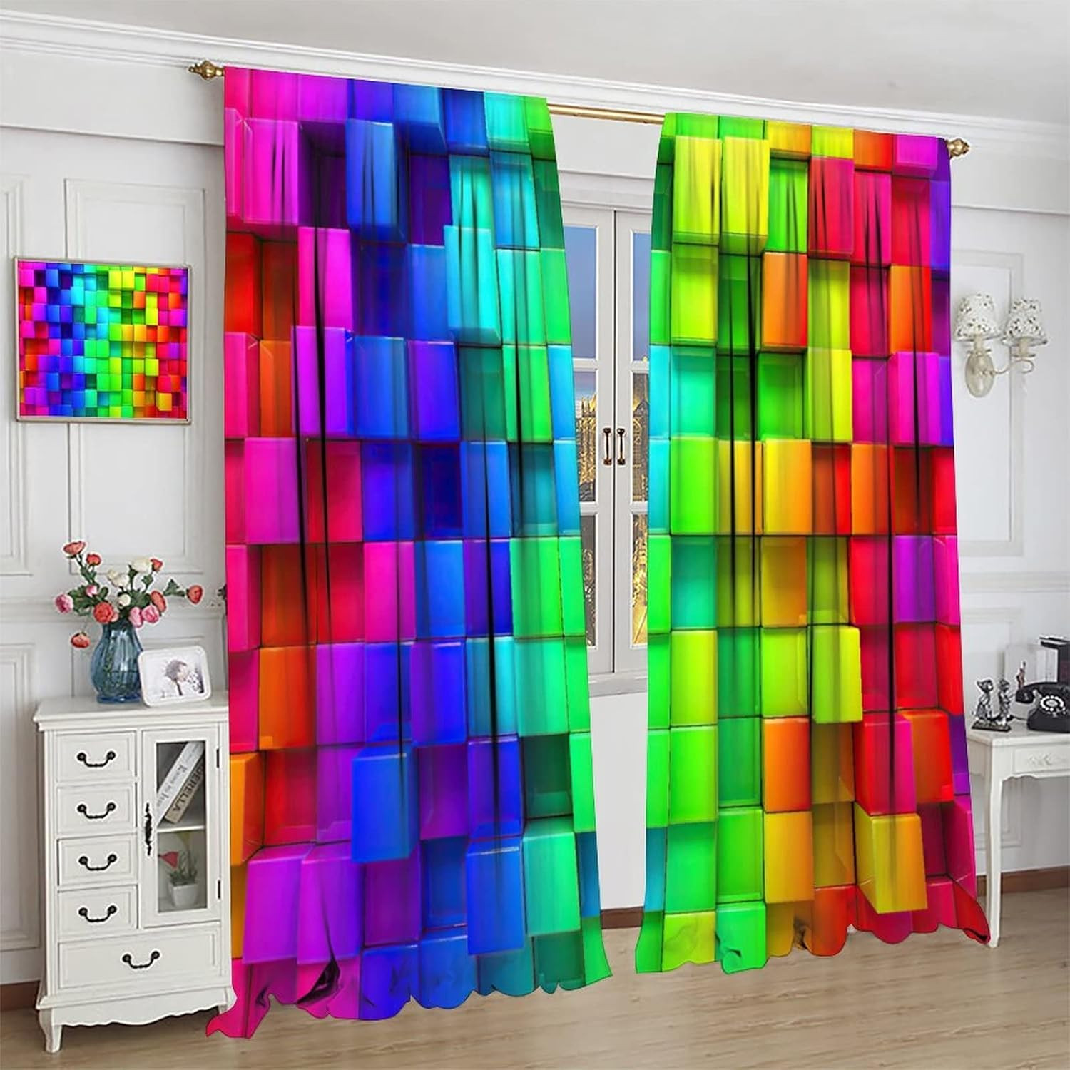 Colorful Brick Wall Blackout Window Curtains, Rainbow Geometric Abstract Neon 3