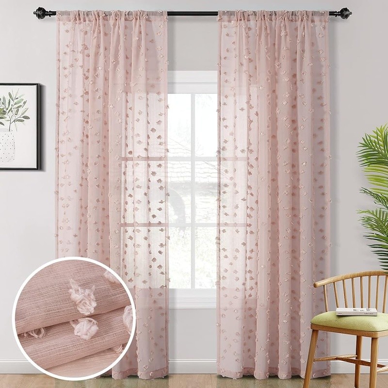 Boho Pom Pom Sheer Curtains Rod Pocket Set Light Filtering Privacy Panels New