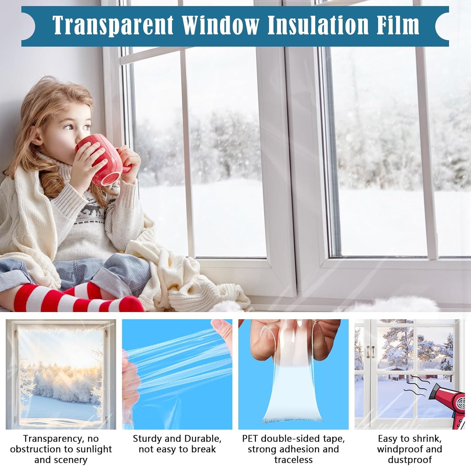 Window Insulation Kit, 63 × 394 Inch Plastic Window Coverings for Winter, Thick