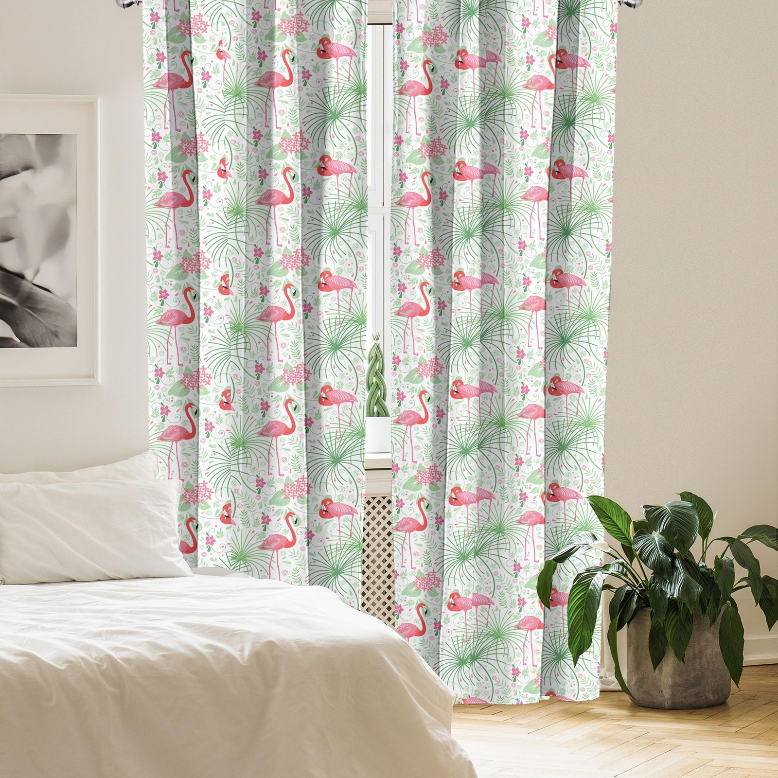 Nautical Window Curtains Floral Pattern Flamingo Botany Greenery Floral Romantic