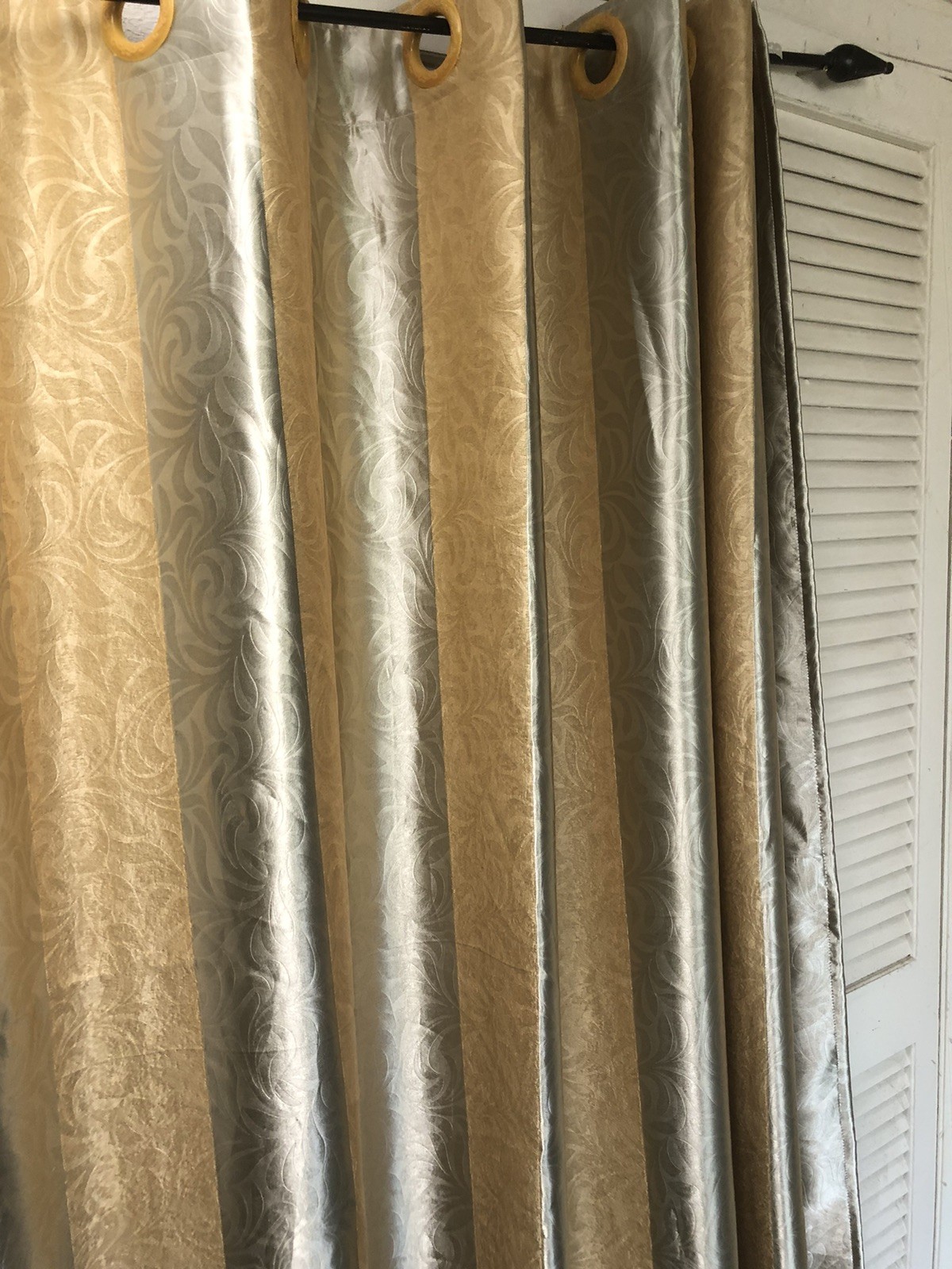 Luxury Grommet Curtain Panels 3Pc Gold Gray Stripes 70×88″ Jacquard Gorgeous