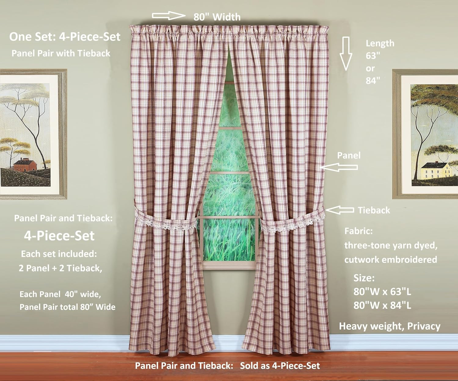 , Dover Cutwork Embroidery Panel Pair 84″, Burgundy, 4-Piece-Set, 80″ W X 84″ L