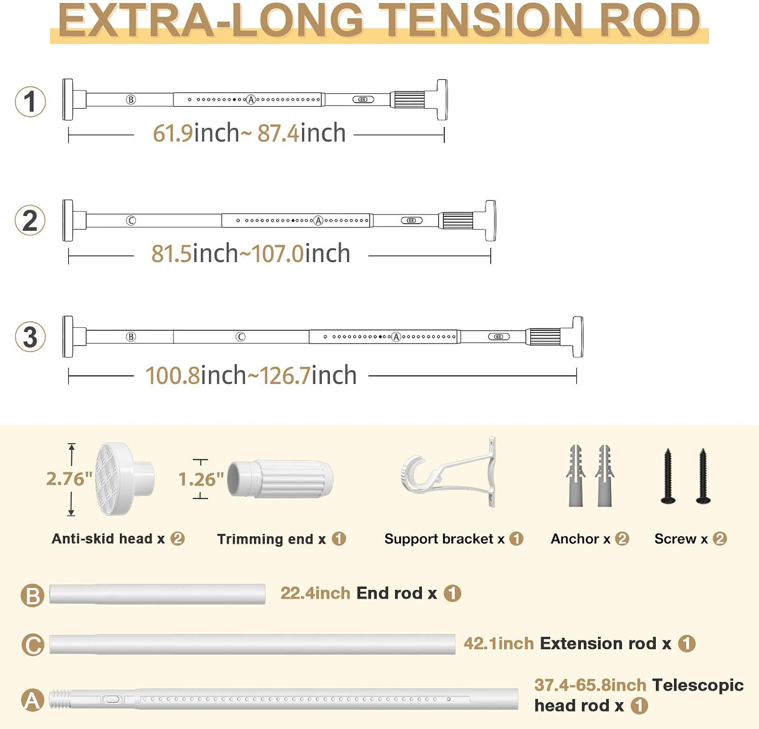 White Tension Curtain Rod 41-126In(4-10Ft), Long Outdoor Curtain Rod No Drilling