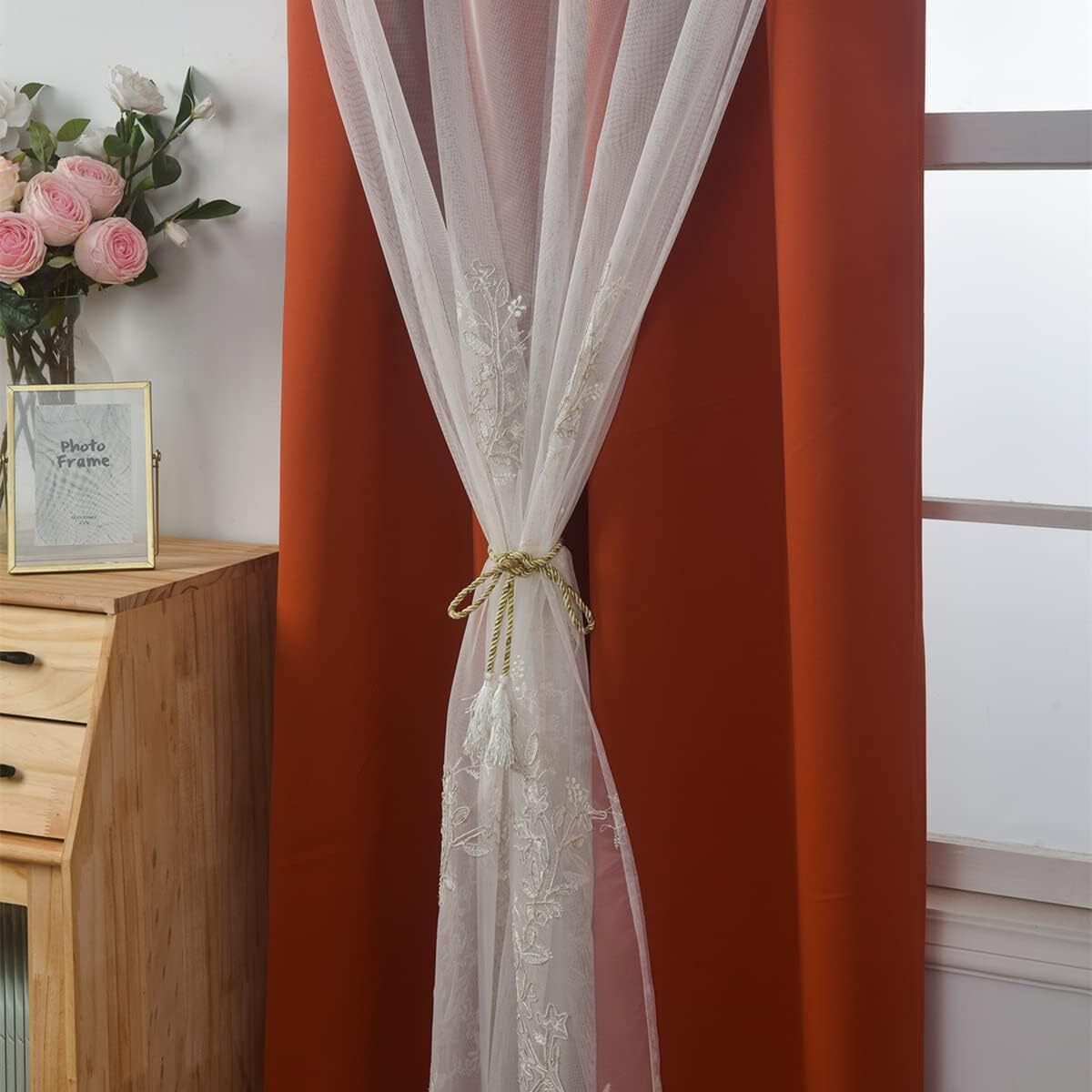 2Panels Double Layer Curtains with Embroiered Sheer, Grommet 52x84inch,Tangerine