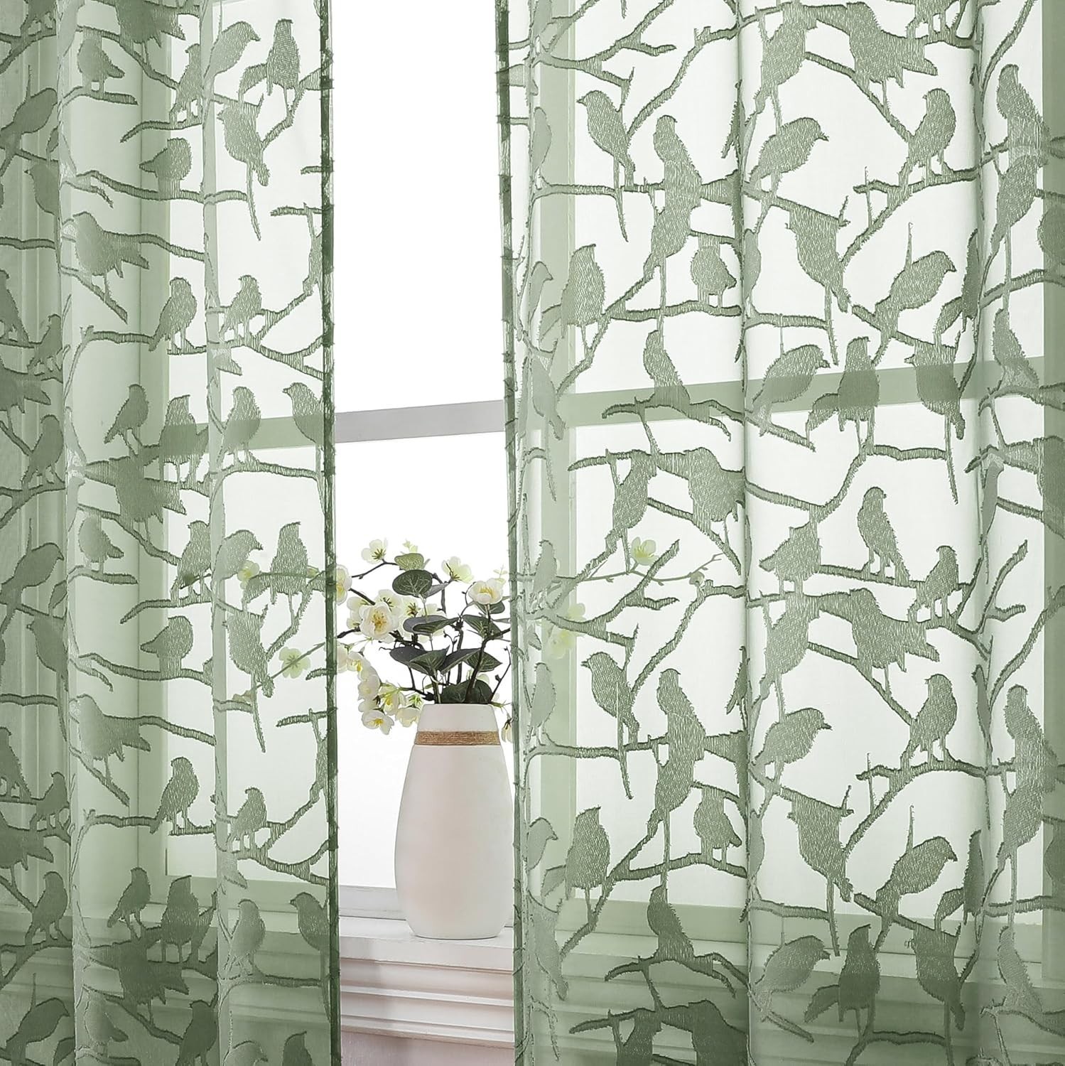 Anji Sheer Curtains 63 Inches Long, Light & 38″W x 63″L (Pack of 2) Sage Green
