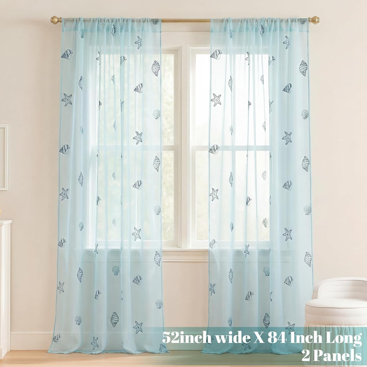 Coastal Beach Sheer Curtains 84 Inch 2 Panels Embroidered Voile Window Drapes