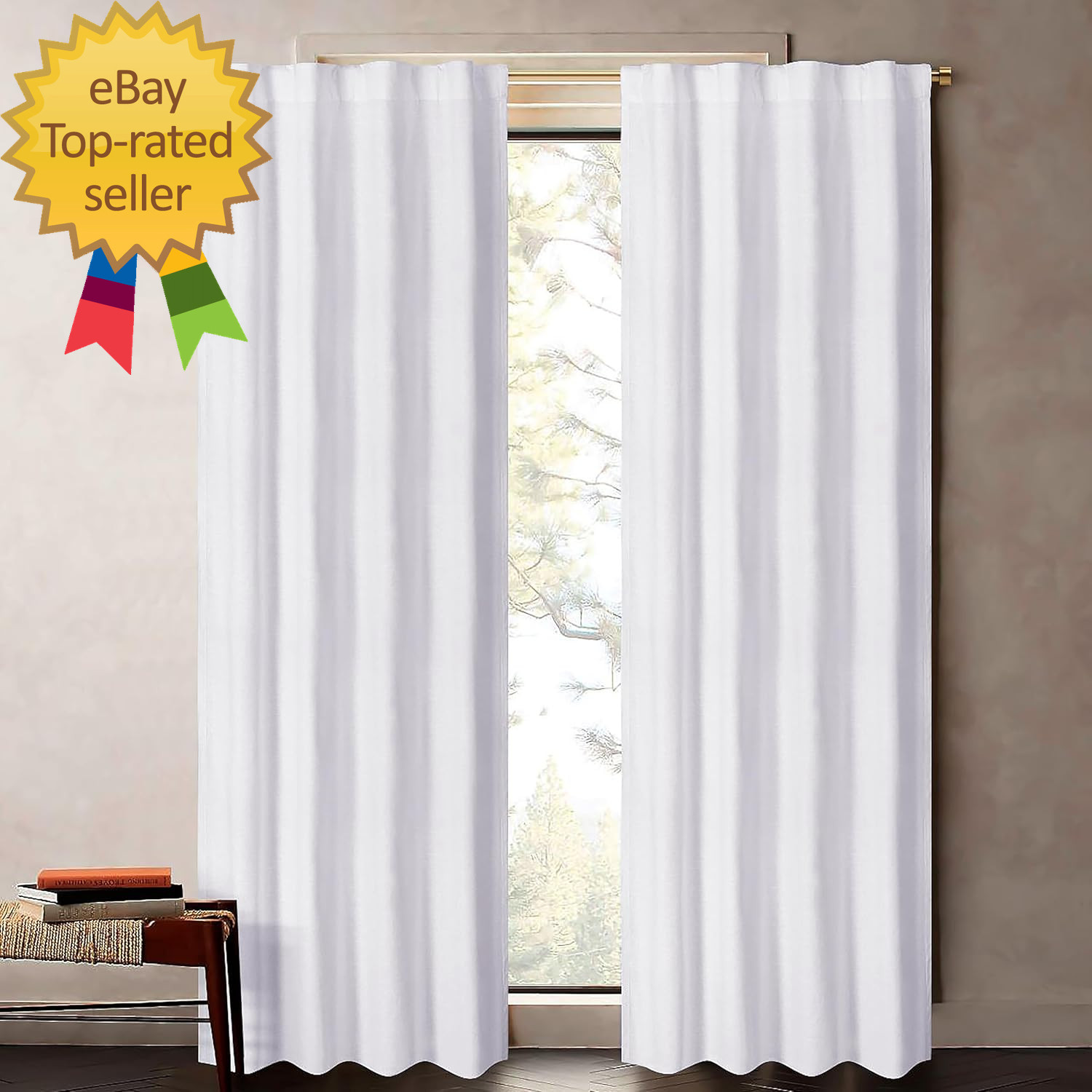 Curtains 96 Inch Length – White Poly Cotton Slub Drapes with Tab Top, Set of 2,