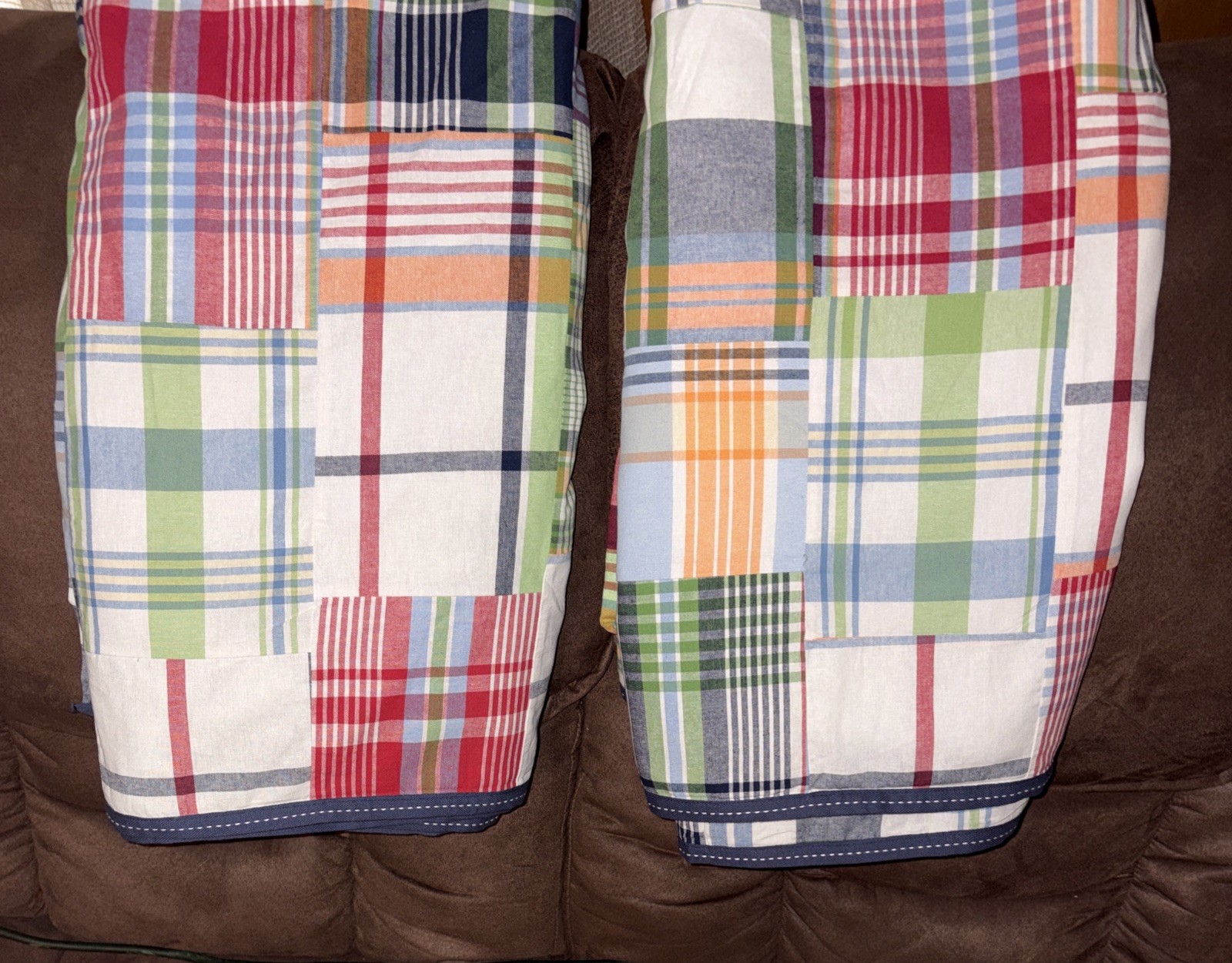 Pair POTTERY BARN KIDS MADRAS Plaid Patchwork Cotten Blackout CURTAINS 44×84 (2)
