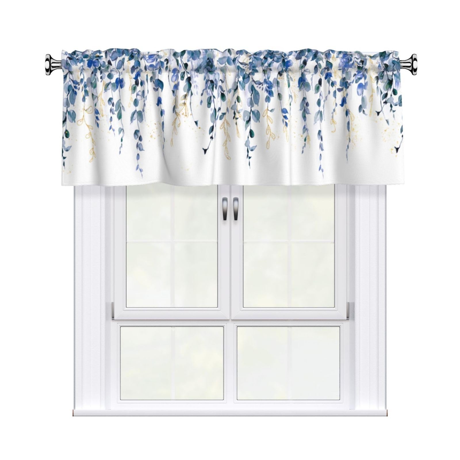 Eucalyptus Valance Curtain for Window 54″ x 18″ Blue Gold Leaves Plant Short …