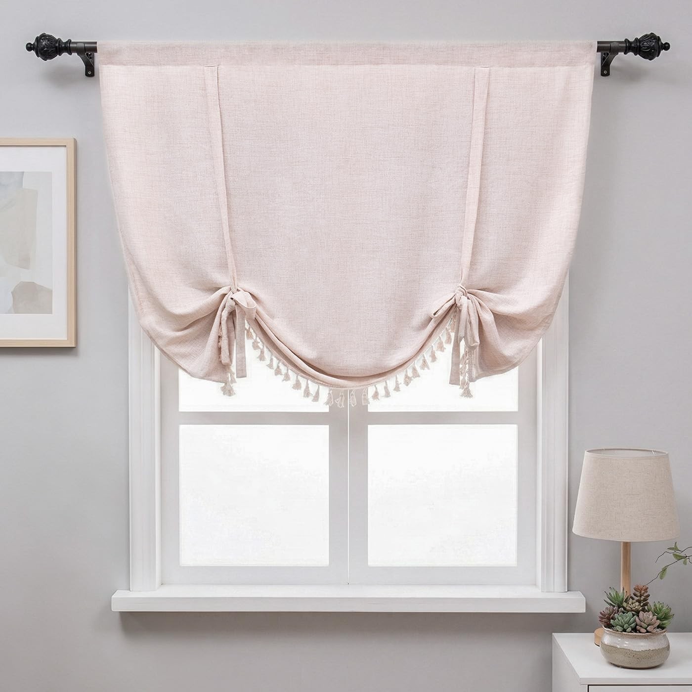 Boho Tassel Tie Up Curtains Rustic Farmhouse Balloon Shades Beige Valance for…