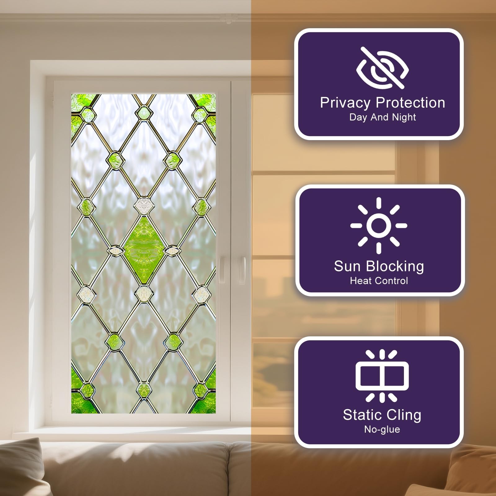 Privacy Window Film Stained Glass Window Green Diamond Net Decorative