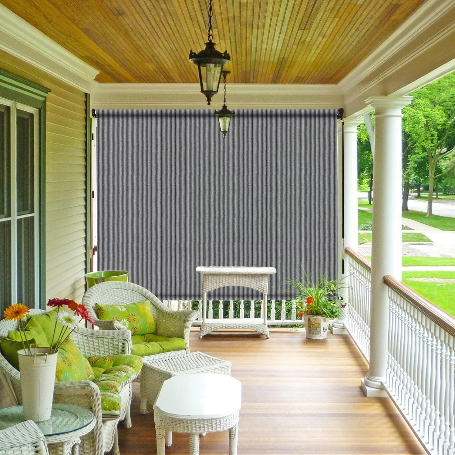 Versatile Gray Outdoor Roller Shades, 8′ W x 8′ H Cordless for Decks & Balconies