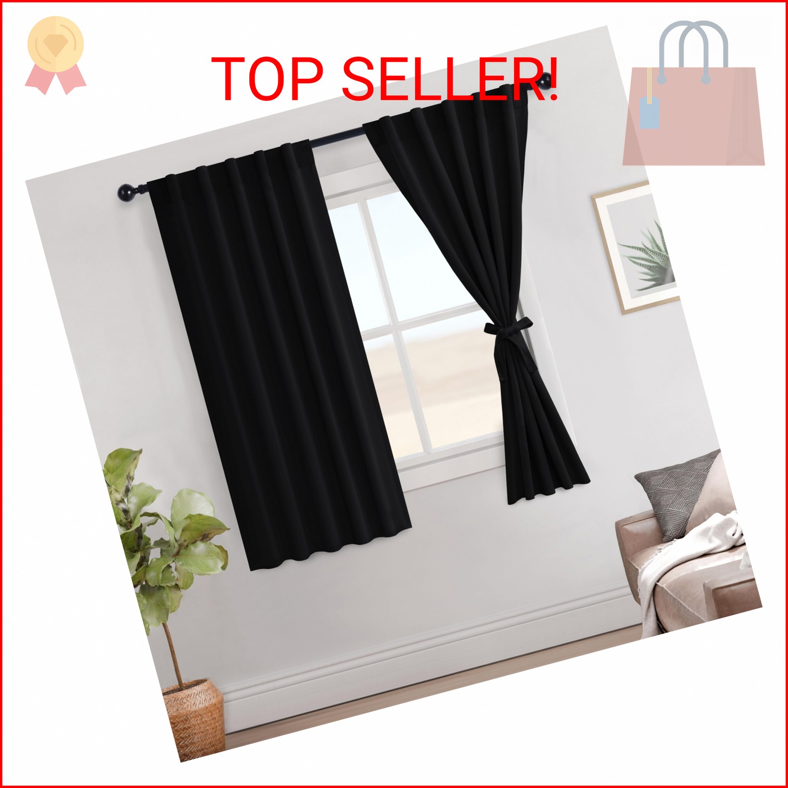Hiasan Black Out Curtains 63 inch Long Sewn with Tiebacks, Rod Pocket & Back Tab