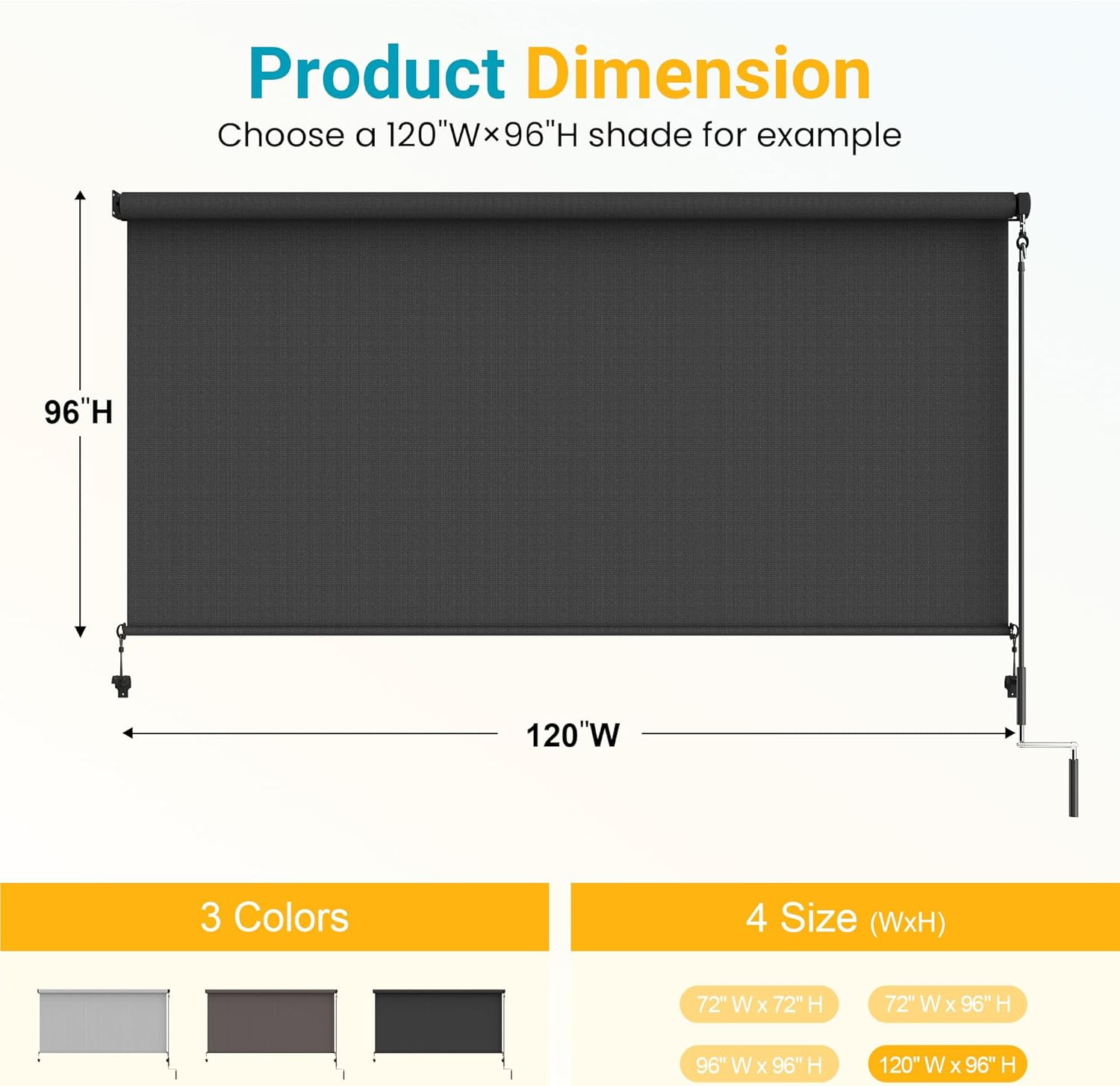 Cordless Outdoor Roller Shade 8’W x 8’H, 95% UV Block, Easy Install Blinds