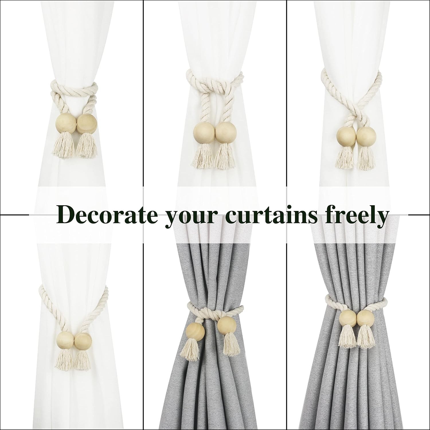 2 Pack Magnetic Curtain Tiebacks Cotton Hand Woven Tie Back Decorative Rope H…