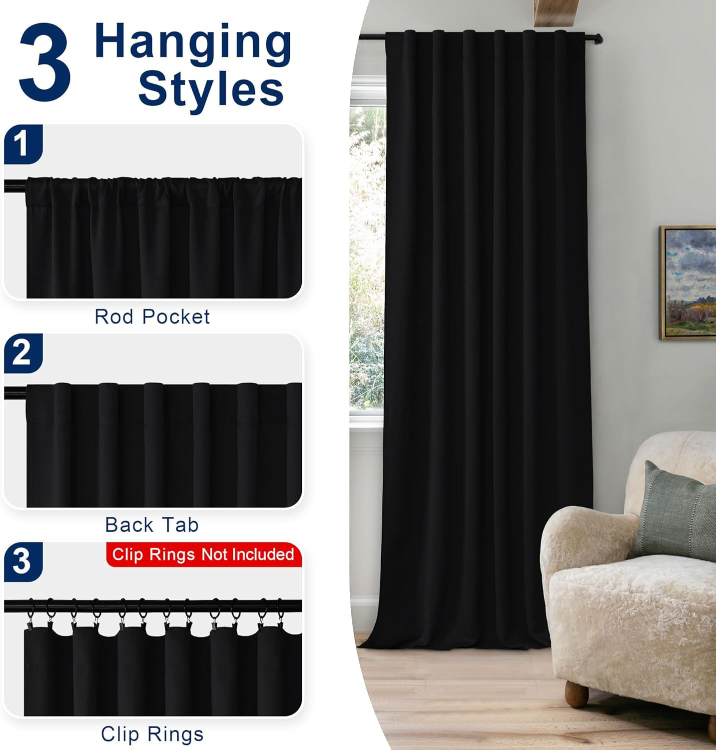 Black Out Curtains 63 Inch Long Sewn with Tiebacks, Rod Pocket & Back Tab Blacko