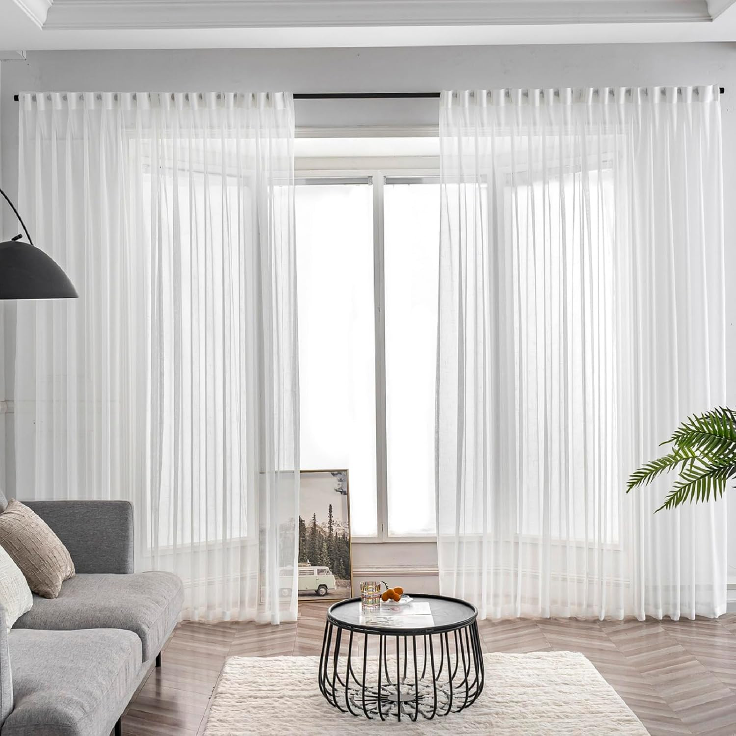 Ivory Pinch Pleated Sheer Curtains 96″ Long, 2 Panels with Rings & Hooks