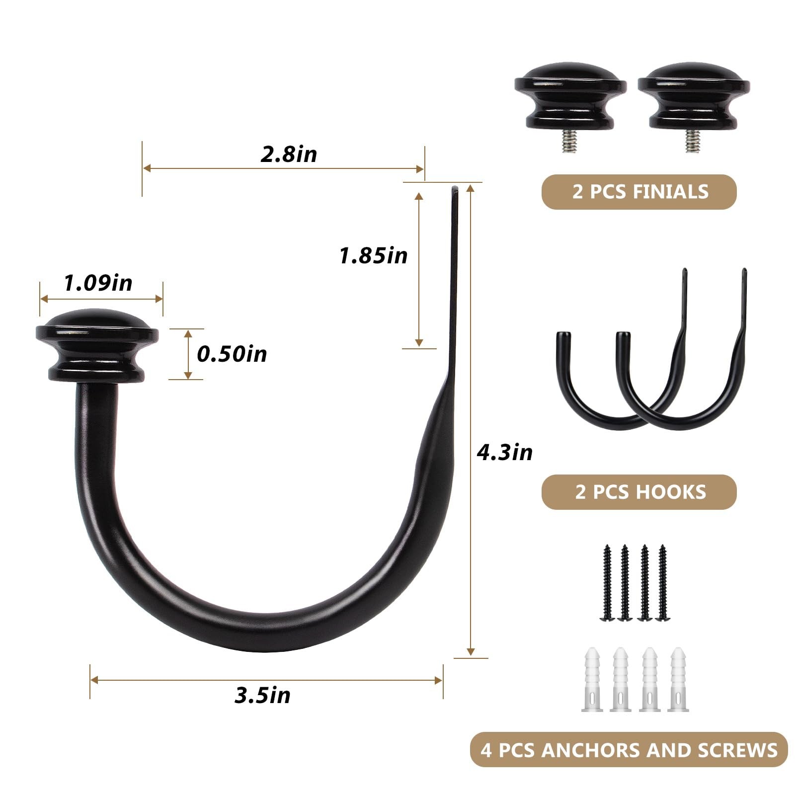 TONIAL Curtain Holdbacks 2 Pack, Decorative Small-Stylish Finial, Black