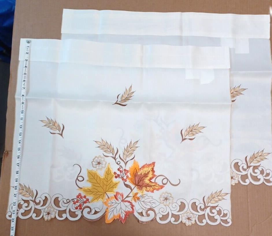 Autumn Fall Leaf Cafe Tier 2 Curtains 24″Length Pair Scallop Embroider Set