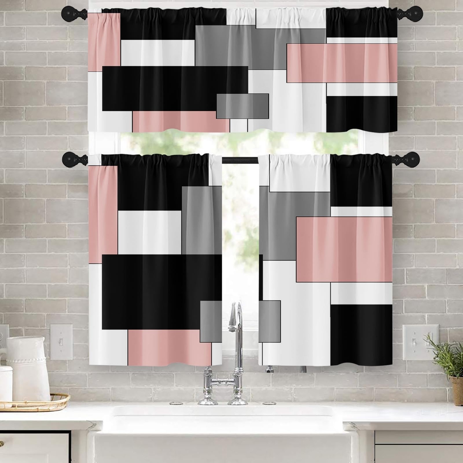 Tayney Pink Kitchen Window Curtains Valance and Tier Set 36 Inch, Black Grey …