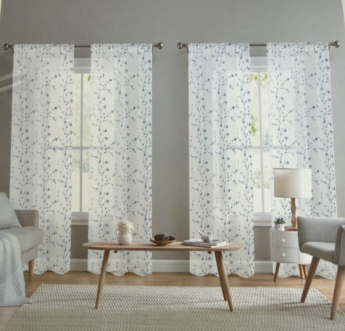 Laura Ashley Vernon Embroidered Sheer Drapes 38 x 96 Set of 4 Chambray Blue