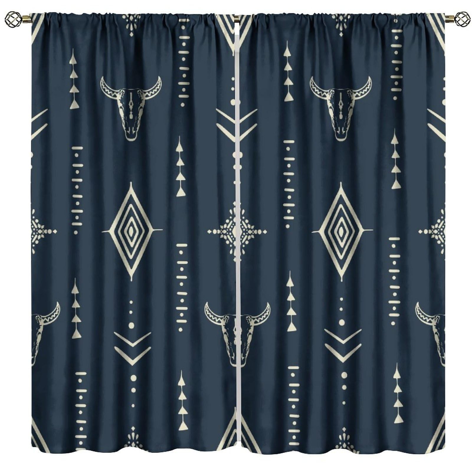 Rustic Farmhouse Aztec Tribal Decorative Curtains, Bohemian Bull Skull Vintag…
