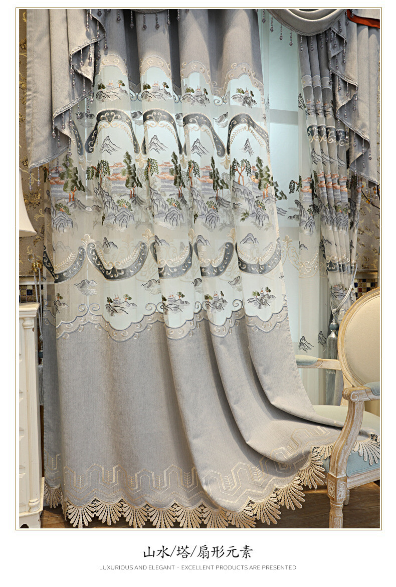 Custom Chinese landscape embroidery simple grey cloth curtain valance drape C973