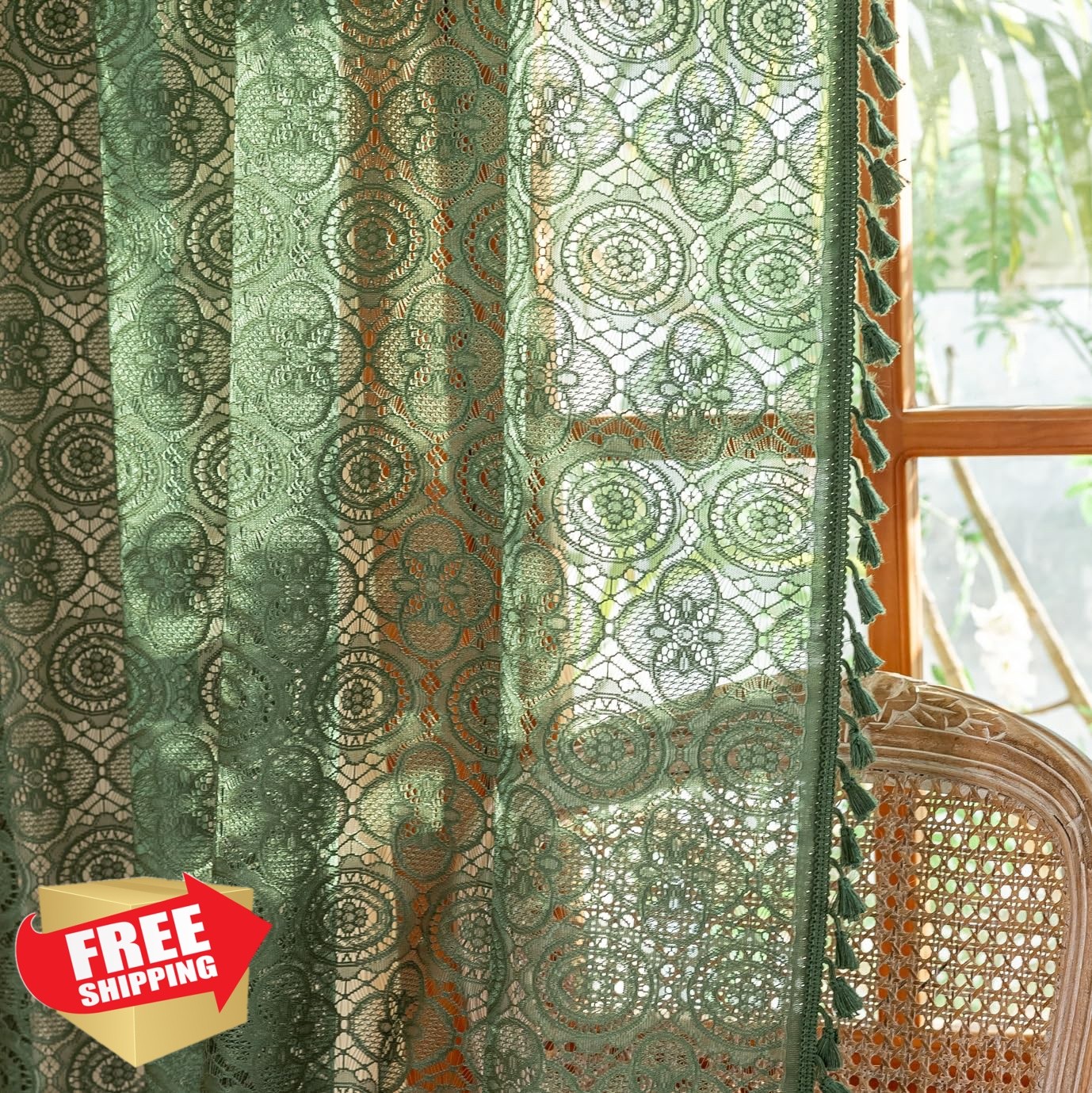 YJ YANJUN Boho Lace Curtains 72 inches Long 2 Panels -Vintage Floral Crochet …