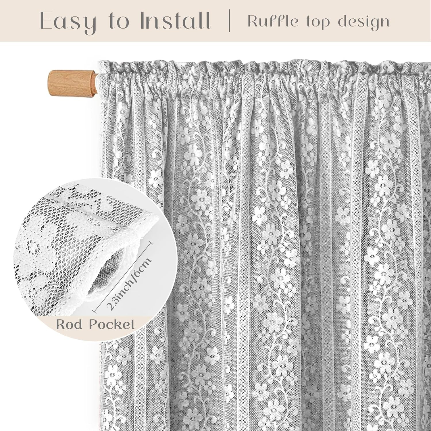 Linen Kitchen Curtains 36 Inch Length, Double Layered Window Curtain 2 Panel Set