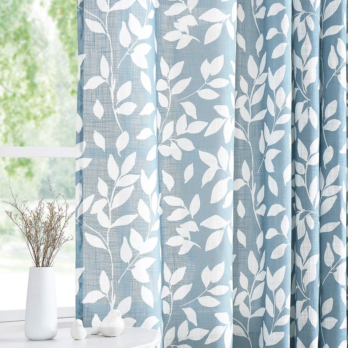 Blue White Curtains for Living Room 63″ Length Leaves Print Semi-Sheers Curta…