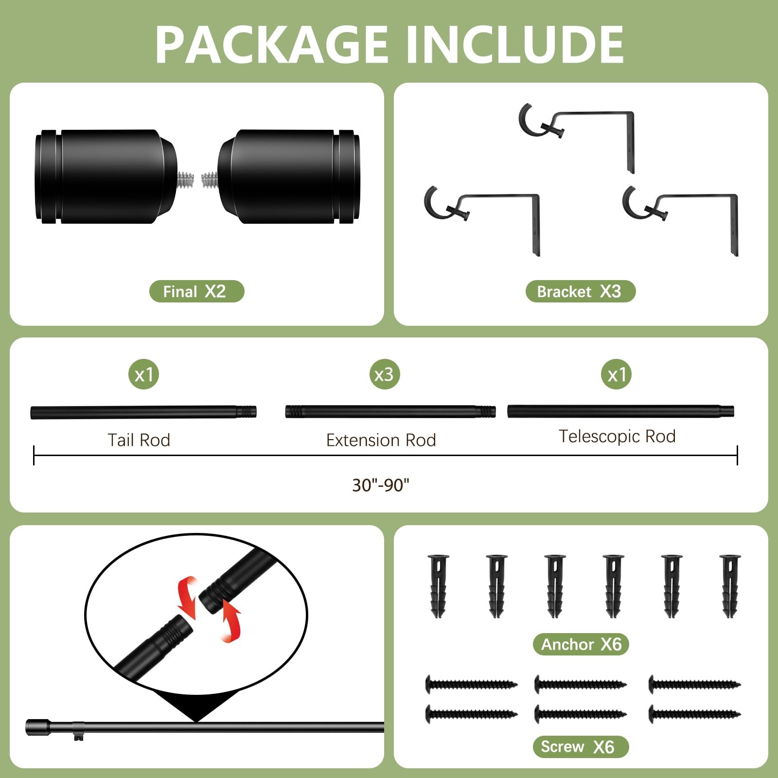 5/8” Diameter Curtain Rods 30-90 Inch, for 30-84 Inch 30-90″/1 Pack, Black