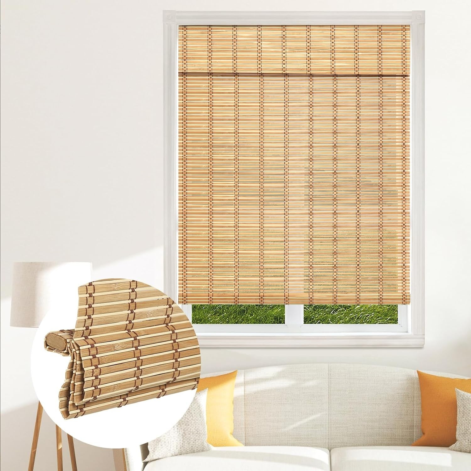 SEEYE Cordless Bamboo Blinds Light Filtering Roller Shades Natural 24″ W x 64″H