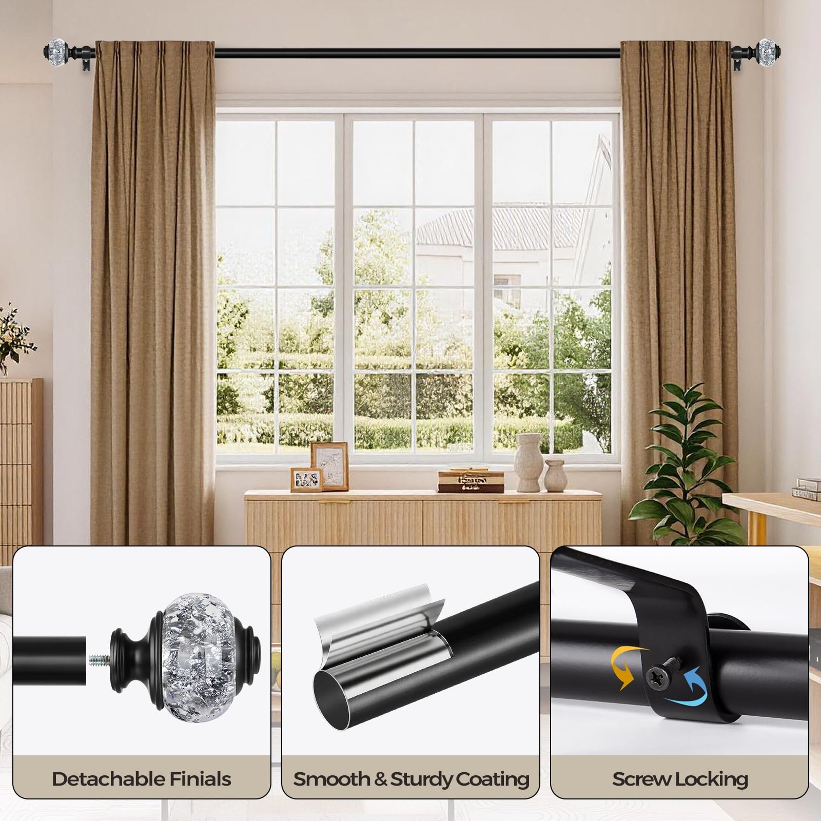 2 Pack Black Curtain Rods, 1 Inch Telescoping Drapery Rod 28 to 48 inch (2.3 …