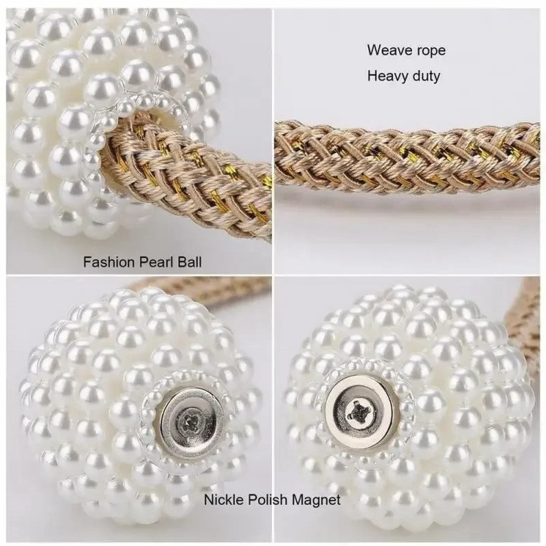 2pcs Pearl Magnetic Curtain Tie Back Clips Rope Holders Home Decor Set – NEW